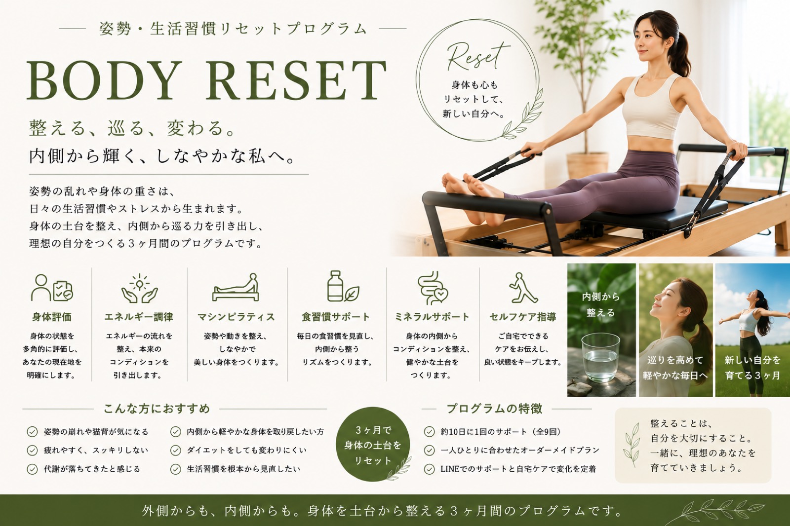 BODY RESET プログラム紹介カード：身体評価・エネルギー調律・マシンピラティス・ミネラルサポート・食習慣サポート・セルフケア指導を組み合わせる3ヶ月プログラム
