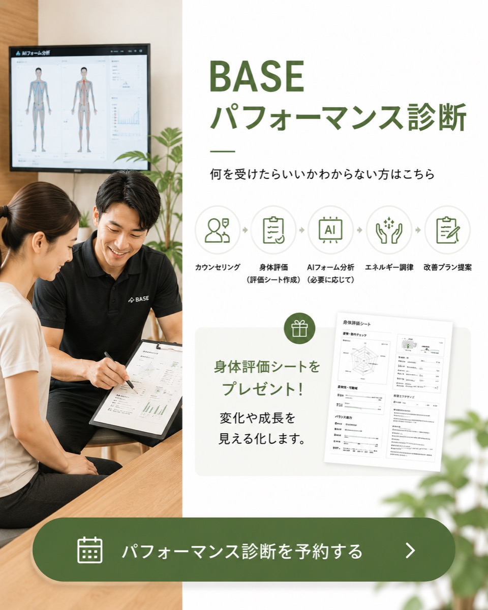BASEパフォーマンス診断のご案内。カウンセリング・身体評価・評価シート作成・必要に応じてAIフォーム分析・エネルギー調律・プランのご提案。パフォーマンス診断を予約する。